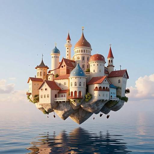 Fantasy CGI image of a floating, fairy-tale castle with red and blue domes, white walls, red roofs, and surrounded by calm water