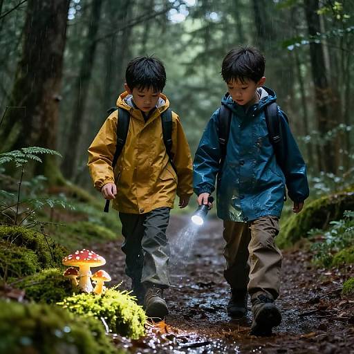 Boys Exploring Rainy Forest Path