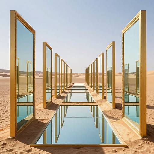 Photograph of a modern, glass-walled structure with gold frames standing in a sandy desert, reflecting clear blue sky and dunes.
