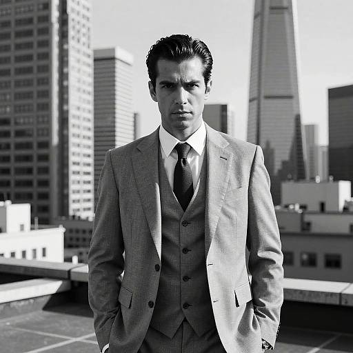 Black-and-white photograph of a serious, dark-haired man in a light gray, three-piece suit with a tie, standing on a rooftop against a city