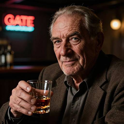 Photograph of an elderly man with gray hair and wrinkles, wearing a dark suit and black shirt, holding a glass of whiskey, smiling in a dim