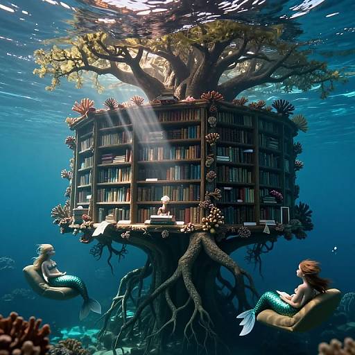 Surreal Underwater Library with Inverted Tree