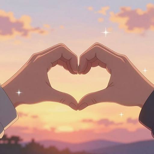Digital anime-style drawing of two hands forming a heart shape against a colorful sunset sky with sparkling stars.