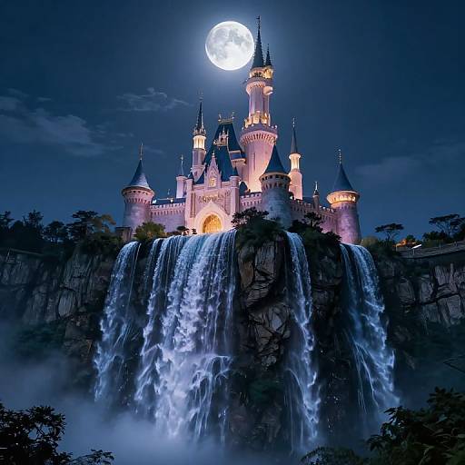 Photograph of a fairy-tale castle illuminated by moonlight, perched atop a majestic waterfall with glowing blue water, surrounded by dark trees and mist
