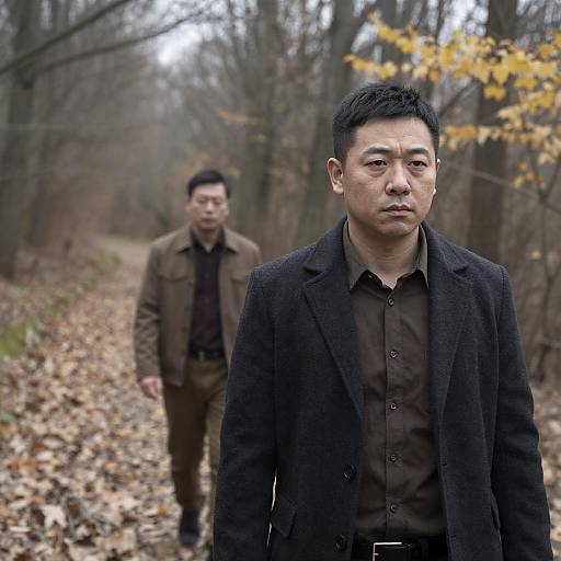 Somber Forest Path with Two Men