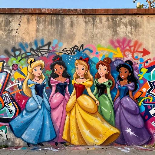 Digital drawing of five Disney princesses in colorful gowns, standing in front of vibrant graffiti on a concrete wall.