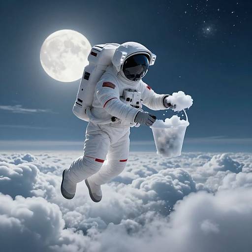 Photorealistic CGI of an astronaut in a white spacesuit with a black helmet, floating above fluffy clouds, creating a cloud with a hand, against