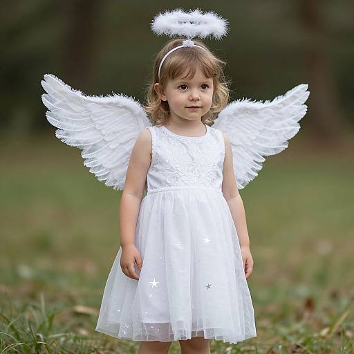 Photograph of a young girl with brown hair, wearing a white angel dress, wings, halo, and standing in a grassy park.