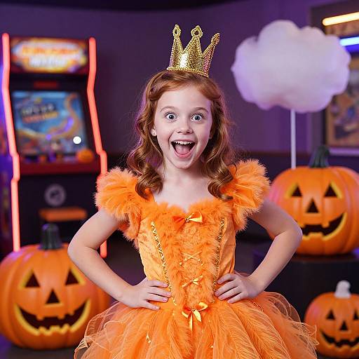 Photograph of a wide-eyed, red-haired girl in an orange, fluffy Halloween dress with a gold crown, smiling excitedly in front of carved pump