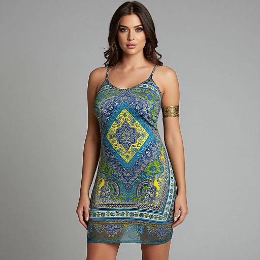 Photograph of a dark-haired woman in a blue, yellow, and green patterned sleeveless dress with a gold arm cuff, standing against a plain