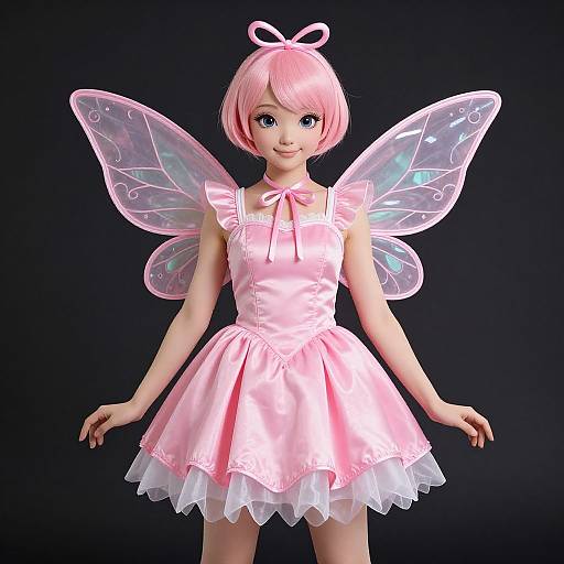 CGI image of a young girl with pink hair, wearing a pink satin dress and translucent, fairy-like wings, standing against a black background.