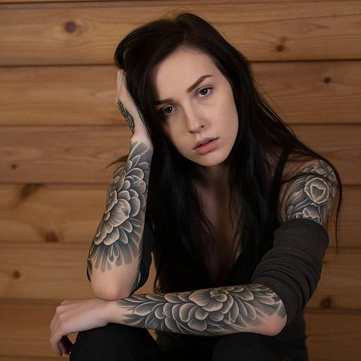 Photograph of a pale-skinned woman with long black hair, heavily tattooed arms, and black long-sleeve shirt, posing against a wooden
