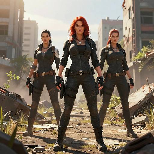 Three fierce, red-haired women in black tactical gear stand confidently in a sunlit, ruined urban landscape, holding guns. Photorealistic CGI.