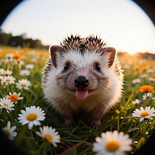 Photograph of a cute, spiky-haired hedgehog with pink tongue out, surrounded by white daisies in a sunlit meadow.