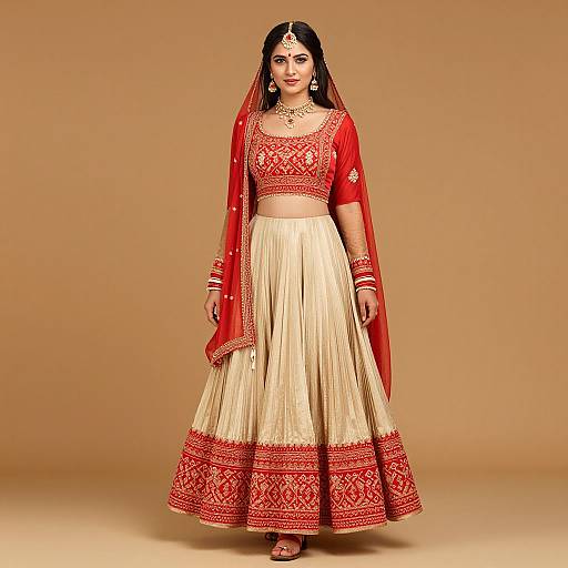 Traditional Indian Woman in Beige and Red
