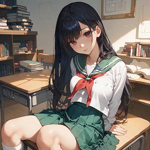 Smiling Anime Schoolgirl in Library
