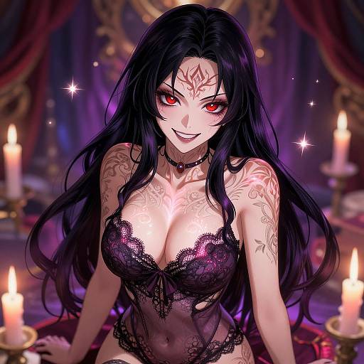 Digital anime-style illustration of a seductive, tattooed woman with long black hair, red eyes, and glowing smile, wearing black lace lingerie, surrounded