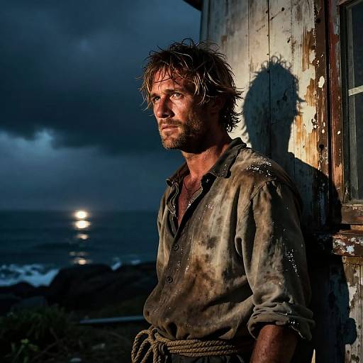 Photograph of a rugged, dirty-haired man in a worn, buttoned shirt, standing against a weathered wall by a stormy sea at dusk