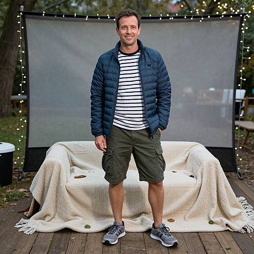 Man Relaxing Outdoors with Fairy Lights