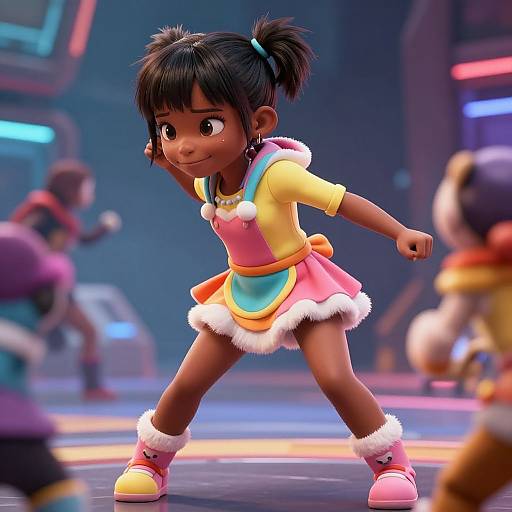 CGI image of a cute, dark-skinned, young girl with pigtails, wearing a colorful, fur-trimmed dress and pink boots