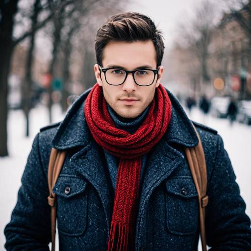 Stylish Young Man in Winter Coat and Red Scarf