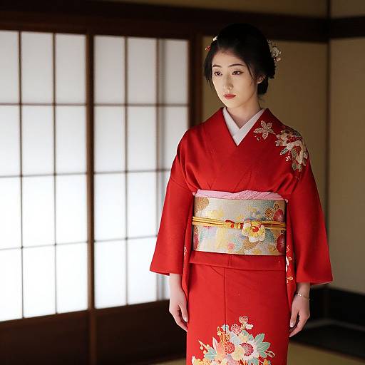 Woman in Traditional Red Kimono