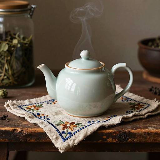 Photograph of a white porcelain teapot with steam, on an embroidered cloth, atop a wooden table, beside a glass jar of herbs.