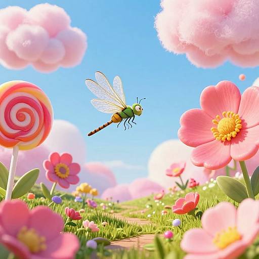 Colorful CGI image of a green dragonfly with translucent wings flying above vibrant pink flowers, lollipops, and a blue sky with fluffy clouds