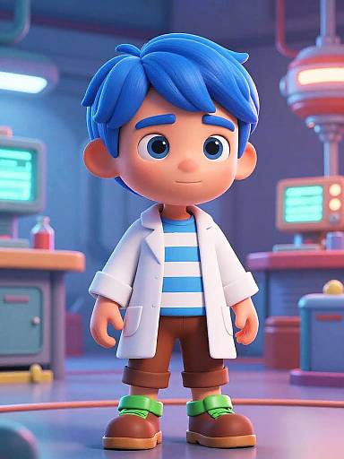 CGI cartoon of a blue-haired boy with large eyes, wearing a white lab coat, striped shirt, brown pants, green socks, and brown shoes