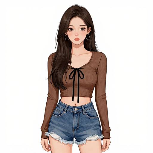 Digital anime-style drawing of an Asian woman with long black hair, wearing a brown ribbed crop top and high-waisted denim shorts, standing against