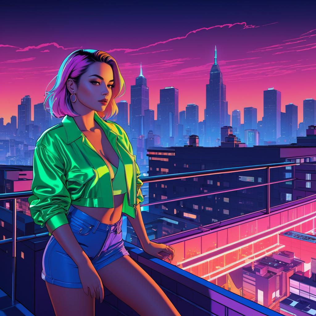 Retro Anime Girl on Neon Rooftop