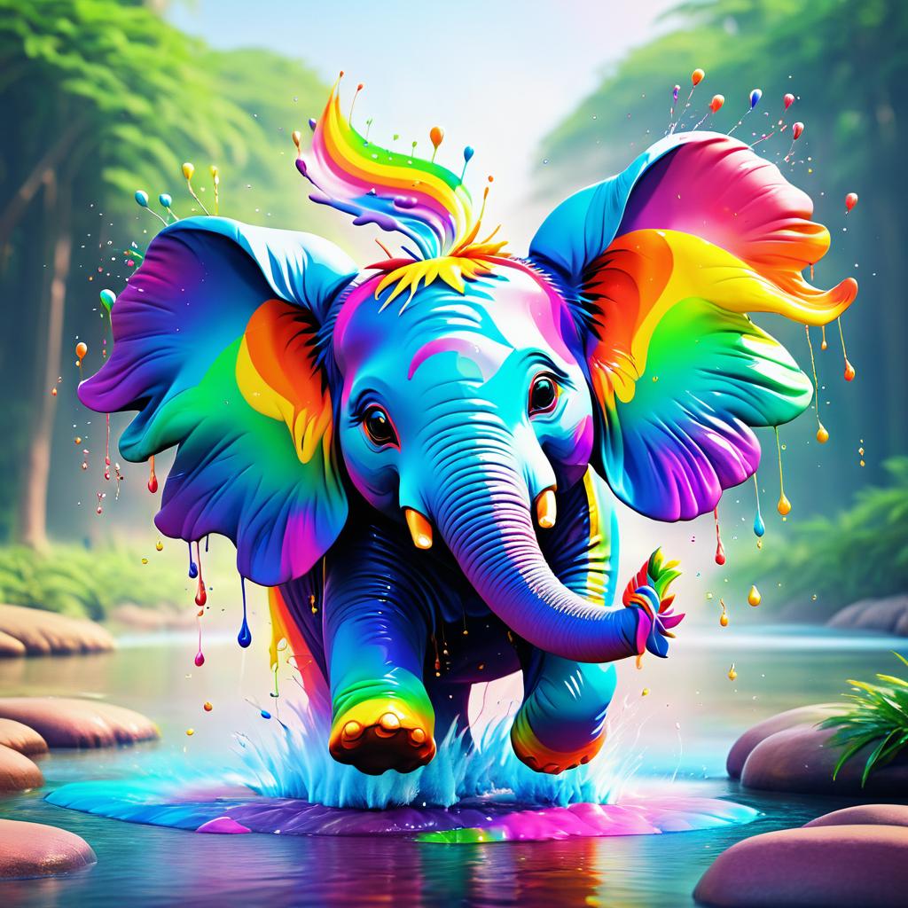 Whimsical Rainbow Elephant Splashing Fun