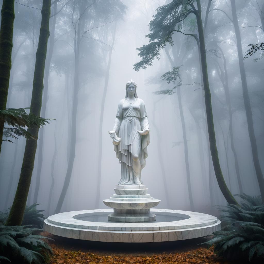 Floating Marble Statue in Misty Forest