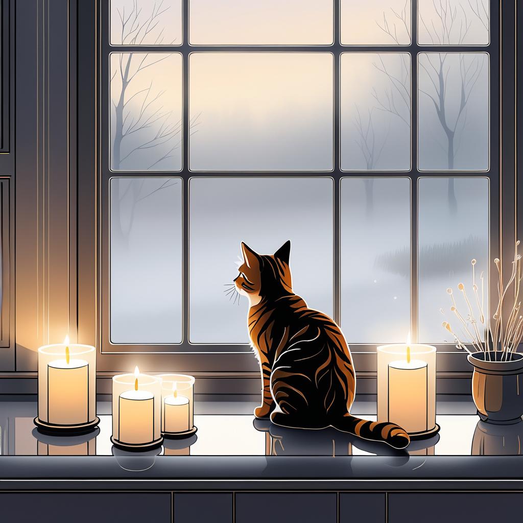 Whimsical Cat Illustration on Foggy Day