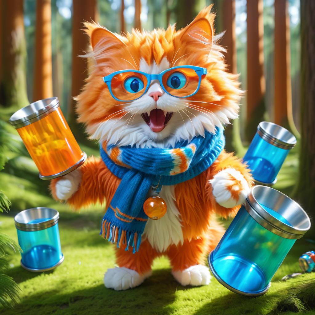 Fluffy Cat Adventurer in Colorful Forest