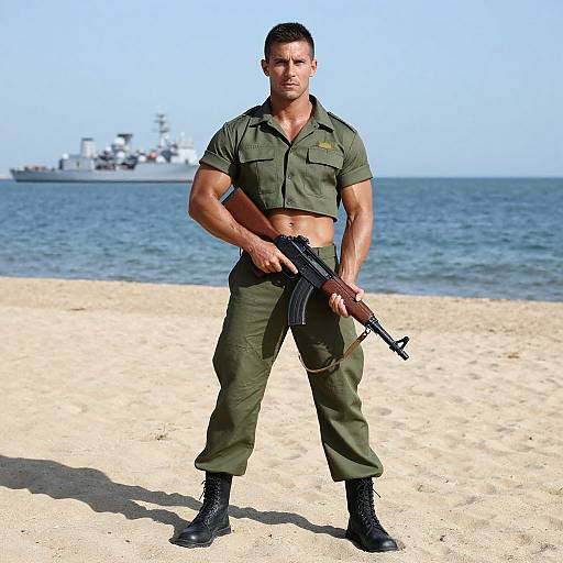 Photograph of a muscular man in green military uniform, black boots, and holding a rifle, standing on a sunny beach with a ship in the blue
