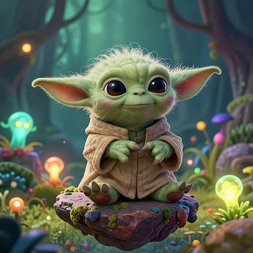 Whimsical Cartoon Yoda in Alien Forest