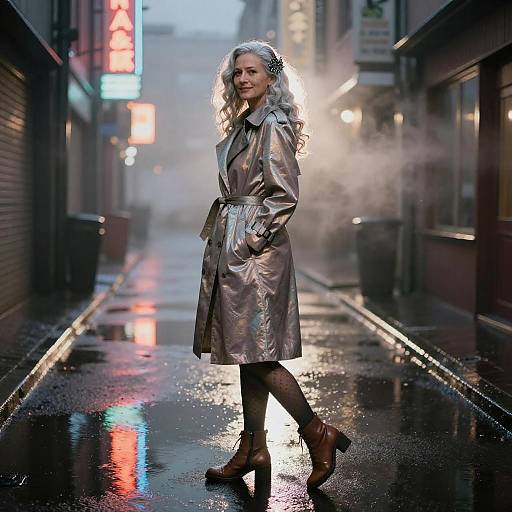 Mature Woman in Iridescent Trench Coat in Foggy Alley
