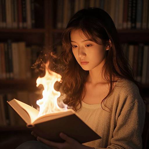 Photograph of a young woman with long dark hair, wearing a gray cardigan, reading an open book illuminated by a flame. Background: dimly