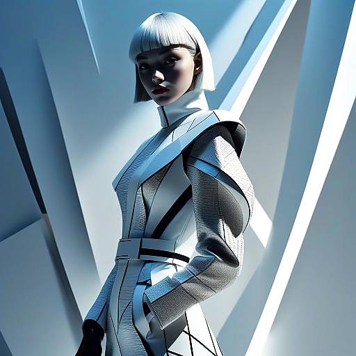 Digital art of a stylish woman with a white bob haircut, wearing a futuristic, white and black geometric-patterned suit, standing in a brightly lit,