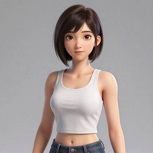 Digital 3D anime-style portrait of a young Asian woman with short black hair, large brown eyes, wearing a white tank top and blue jeans,