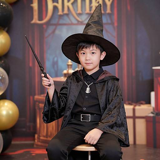 Young Asian boy in black wizard costume with hat, holding wand, seated on stool in dimly lit, festive 