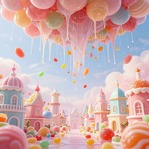 Whimsical, pastel-colored CGI scene with floating, dripping balloons, colorful candies, and candy-coated buildings under a bright blue sky.