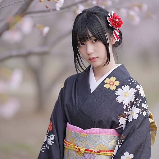 Photograph of a young Japanese woman with black hair, wearing a black kimono with white floral patterns, pink and yellow obi, and a red