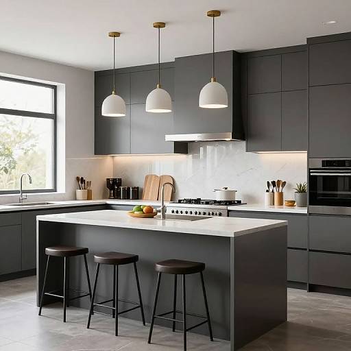 Modern kitchen photograph with dark gray cabinets, white marble island, three black stools, three white pendant lights, and a bright window.