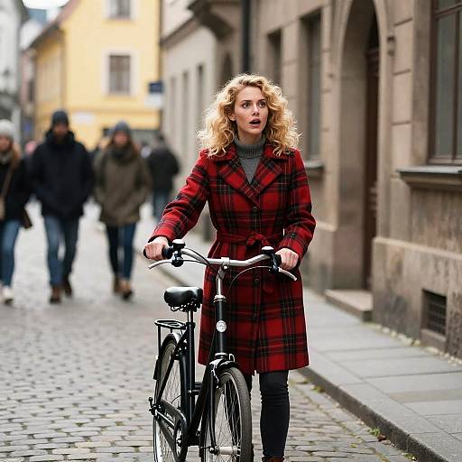 Surprised Blonde Woman on Cobblestone Street