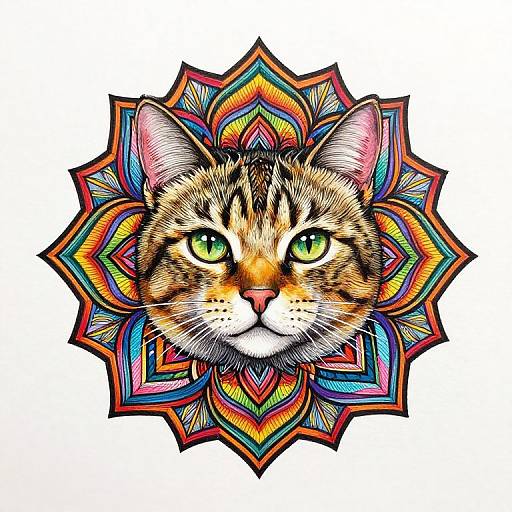 Vibrant digital illustration of a tabby cat's face with green eyes, surrounded by a colorful, intricate mandala-style pattern.