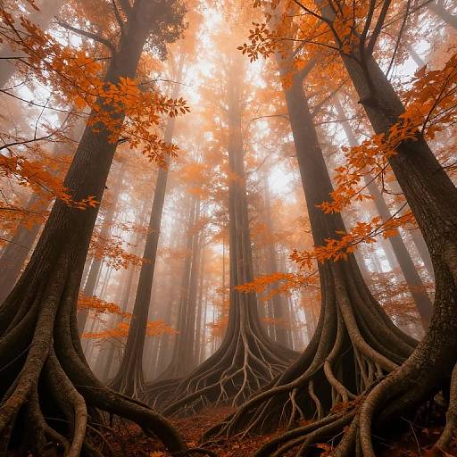 Photograph of a misty forest with towering, dark tree trunks and vibrant orange autumn leaves, roots prominently visible in the foreground.