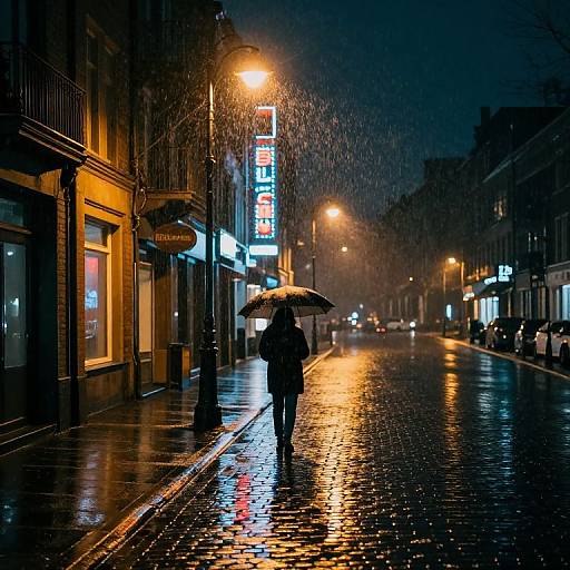 Nighttime photograph of a rainy city street, illuminated by streetlights and neon signs, with a solitary person holding an umbrella walking down the wet cobble