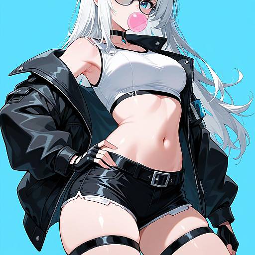 Anime-style digital illustration of a white-haired girl with blue eyes, blowing bubblegum, wearing a black jacket, white crop top, and black shorts